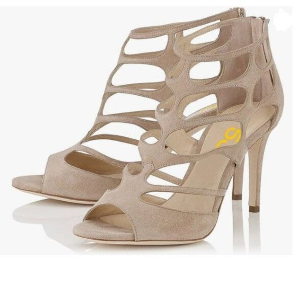 FSJ Beige Caged Dress Sandals Chic Peep Toe Shoes Cutout Strappy High Heels